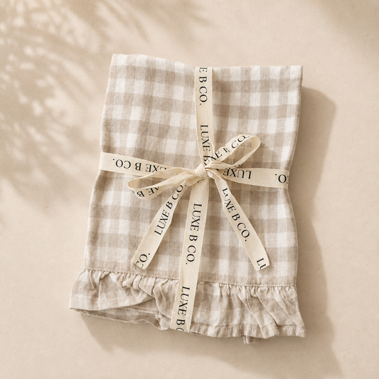 Beige Gingham Linen Ruffle Dish Towel