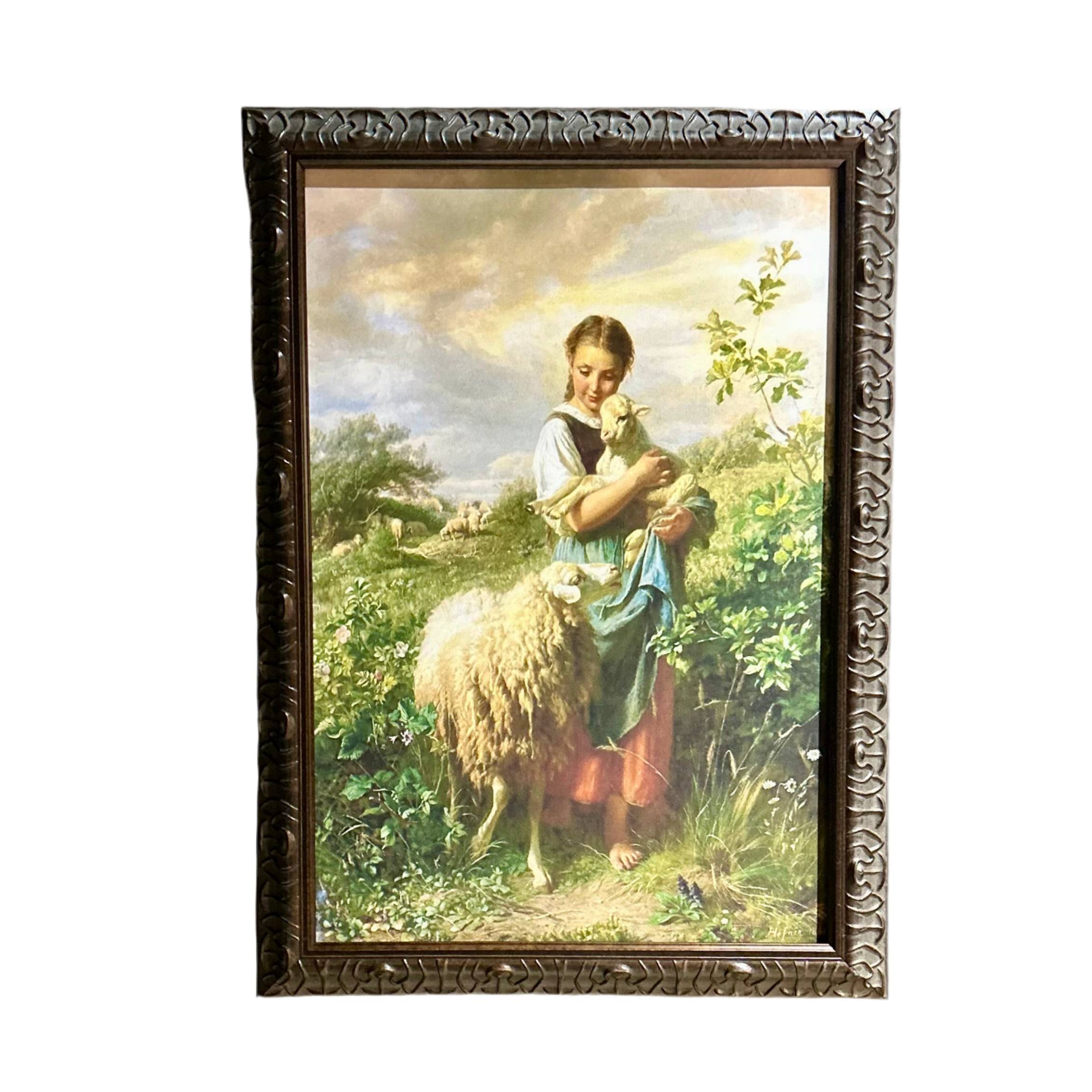 A Girl and Her Sheep in custom ornate wood frame