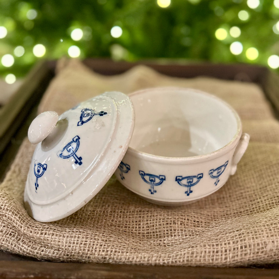 Antique French Faïence Covered Pot with Blue Urn Motif