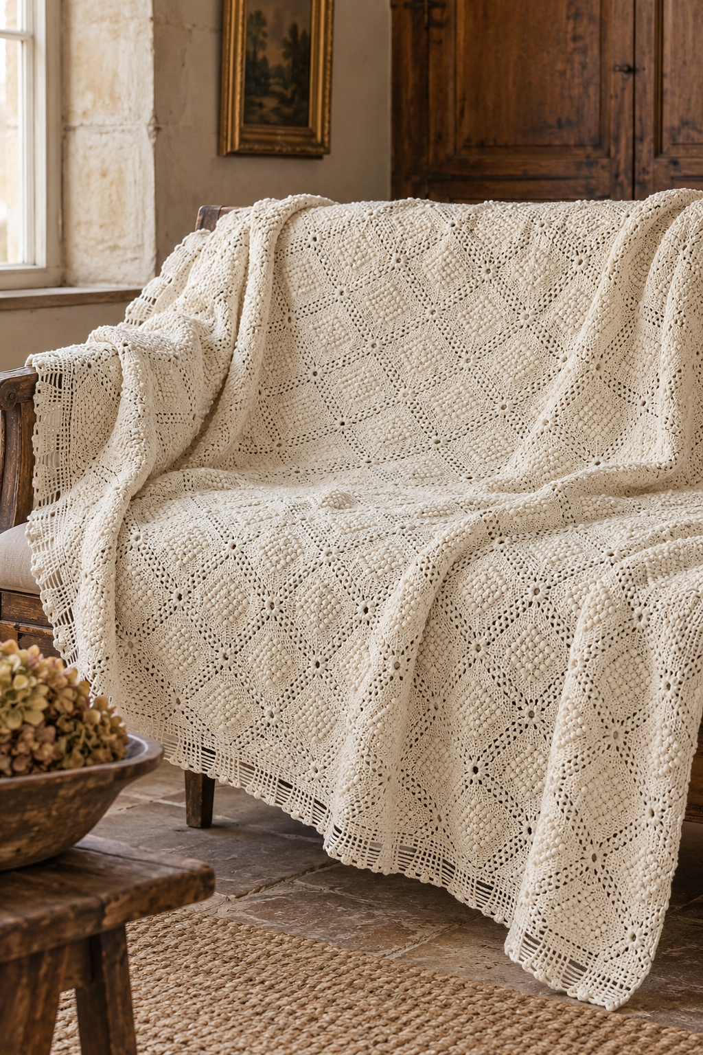 Vintage Hand-Crocheted Ivory Bedspread
