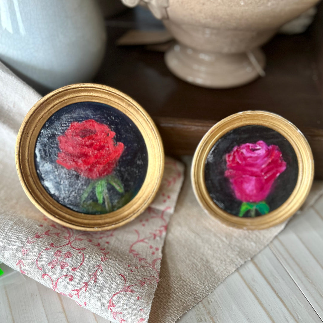 Miniature Rose Oil Paintings in Gilt Frames