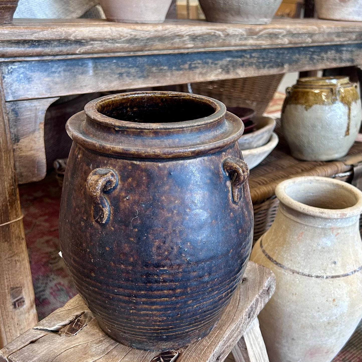 Vintage Brown Glazed Stoneware Storage Jar