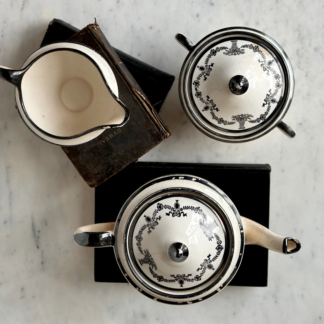 Antique English Black Transferware Three-Piece Tea Set Circa 1825–1845