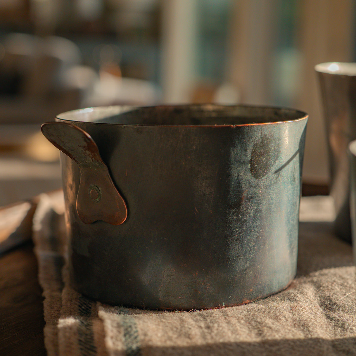 Antique tinned iron measuring pots - set of three