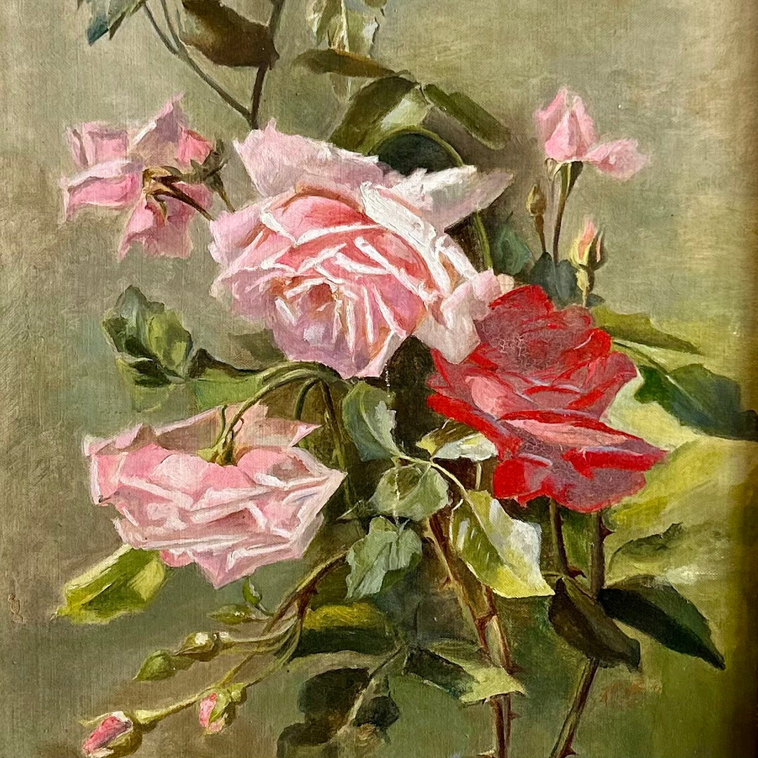 Antique English Floral Oil Painting – Roses Study (Unsigned)