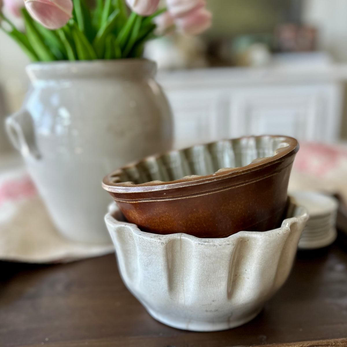 Antique Stoneware Pudding Mold / Jelly Mold with Olive Glaze