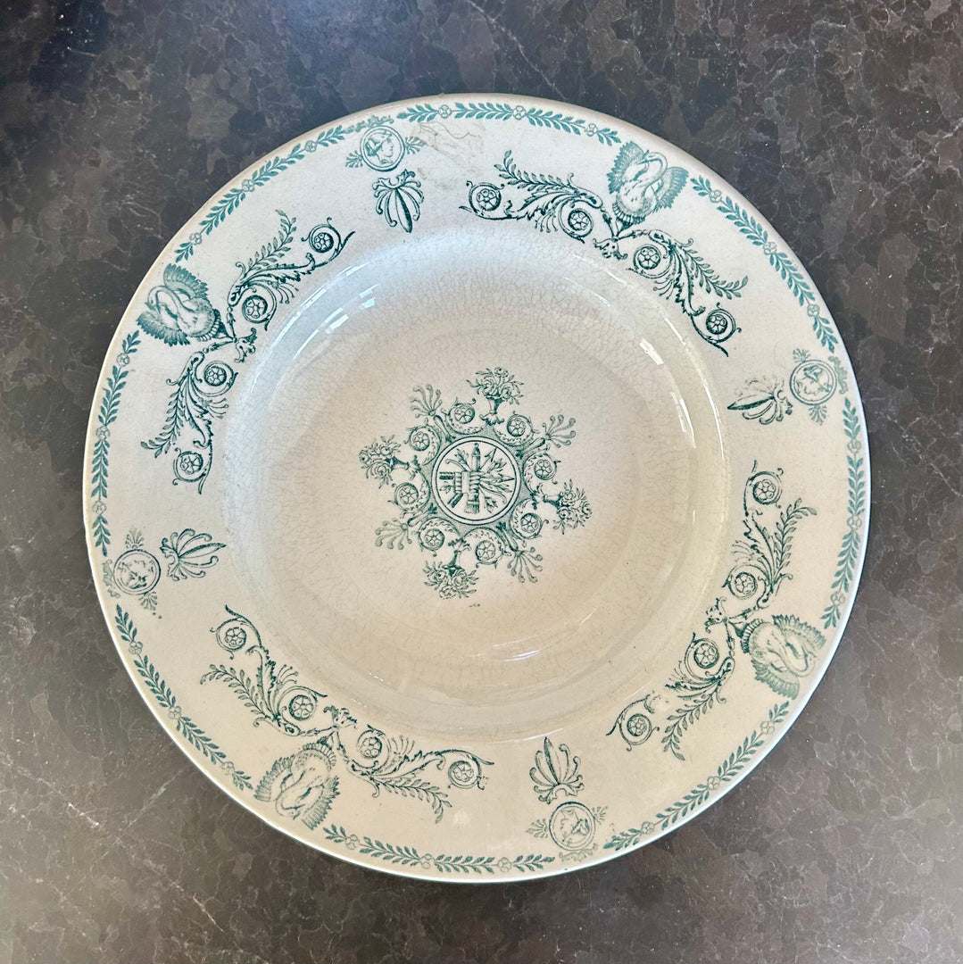 Antique French Faïence Soup Plate | KG Lunéville | Green Transferware Border