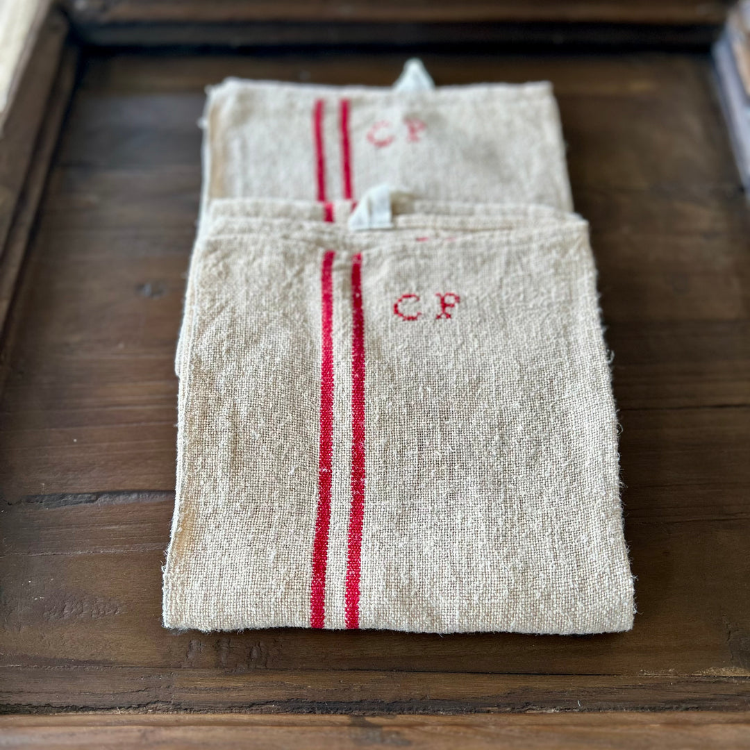 Antique French Linen Torchon with Red Grain Stripe & Monogram