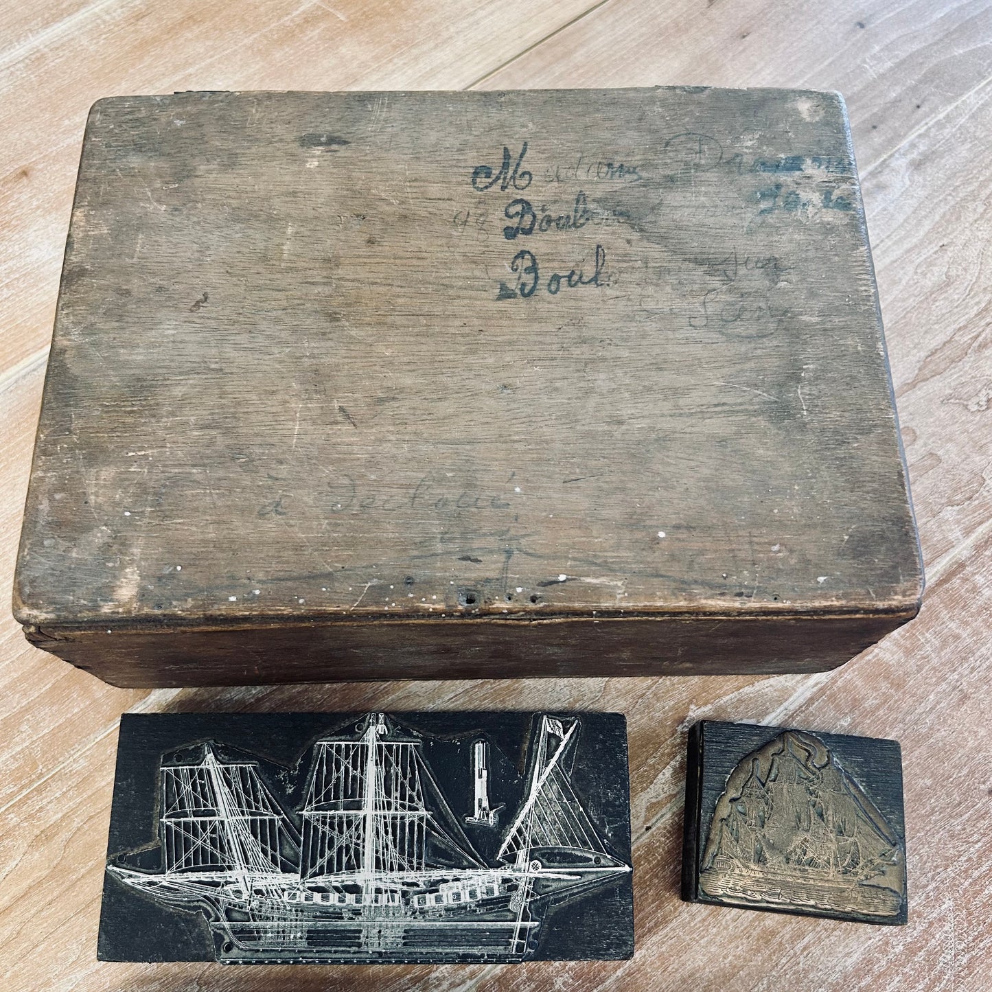 Antique French Maritime Letterpress Printing Blocks in Original Wooden Box
France | Circa 1900–1925