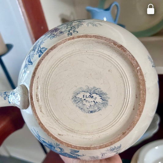 Antique French Sarreguemines “Flore” Blue Transferware Chamber Pot | Circa 1880–1900