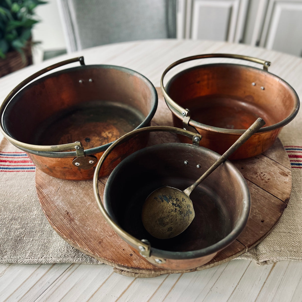Antique Copper Preserving Pans with Brass Handles — Set of Three