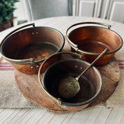 Antique Copper Preserving Pans with Brass Handles — Set of Three
