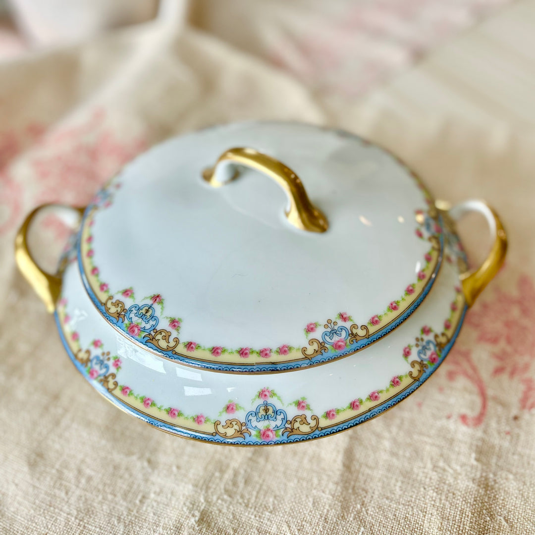 Antique French Porcelain Covered Serving Dish with Floral Garland & Gilt Handles