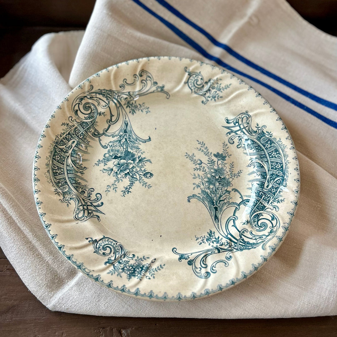 Antique French Transferware Plates – “Madeleine” Pattern, Blue Floral Scroll (B.F.K.)