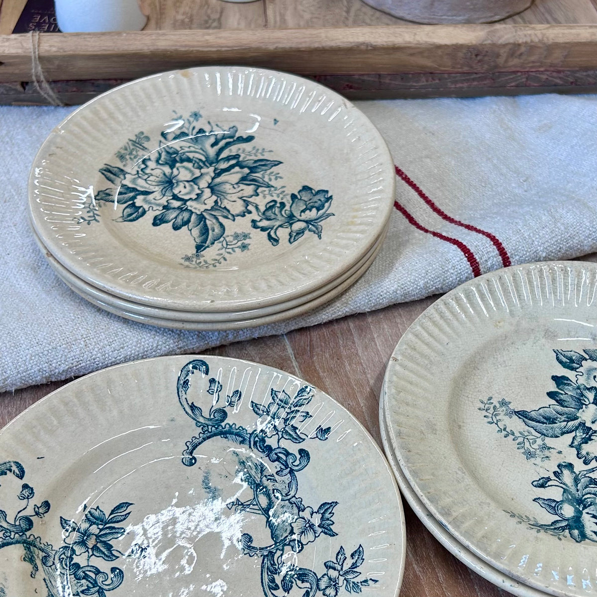 Set of 6 Antique French Blue Transferware Plates – 5 Patterns, c. 1880–1910
