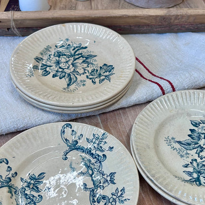 Set of 6 Antique French Blue Transferware Plates – 5 Patterns, c. 1880–1910