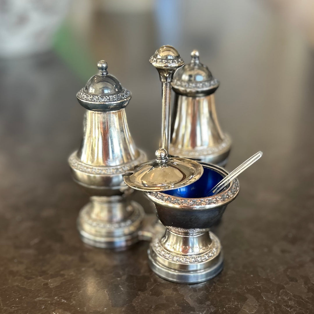 Vintage Ianthe silverplate condiment set