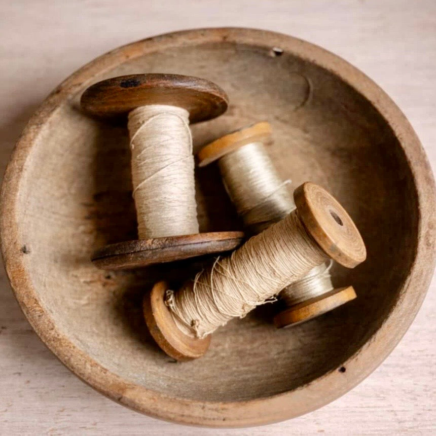 Vintage French Textile Bobbins & Wooden Bowl