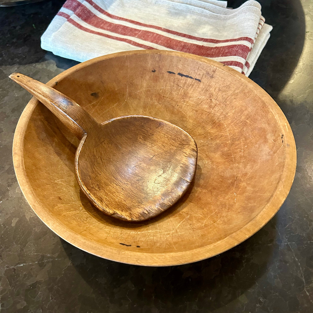 Hand-Turned Wooden Dough Bowl with Carved Scoop