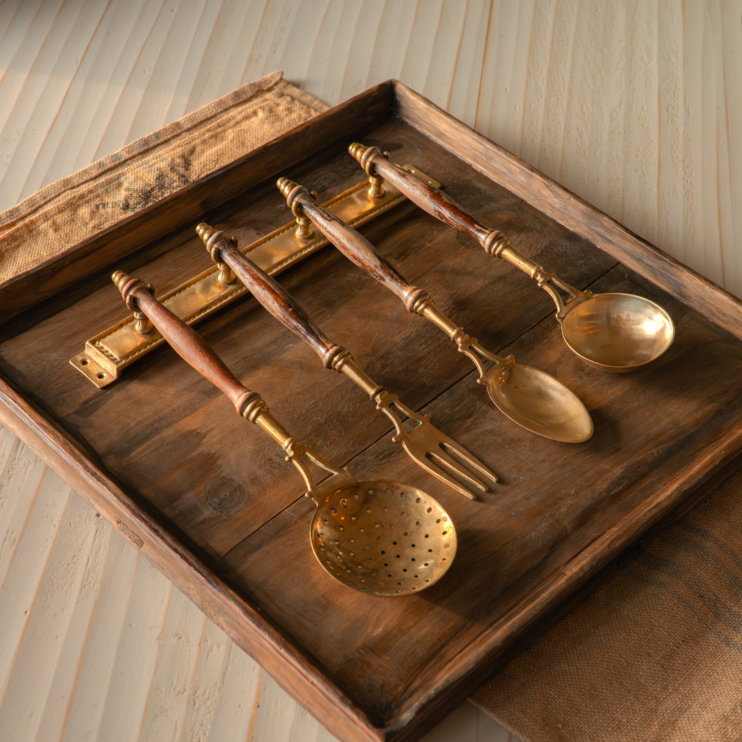Vintage brass & wood kitchen utensil set