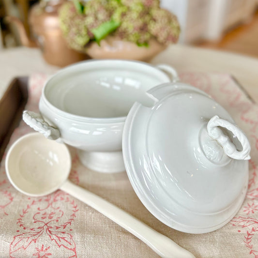 Antique French White Ironstone Pedestal Tureen with Lid & Ladle Circa 1880–1920