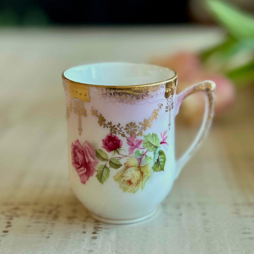 Antique P.K. Silesia Prussian Porcelain Chocolate Service with Hand-Painted Roses Circa 1890-1910