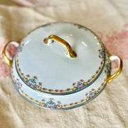 Antique French Porcelain Covered Serving Dish with Floral Garland & Gilt Handles