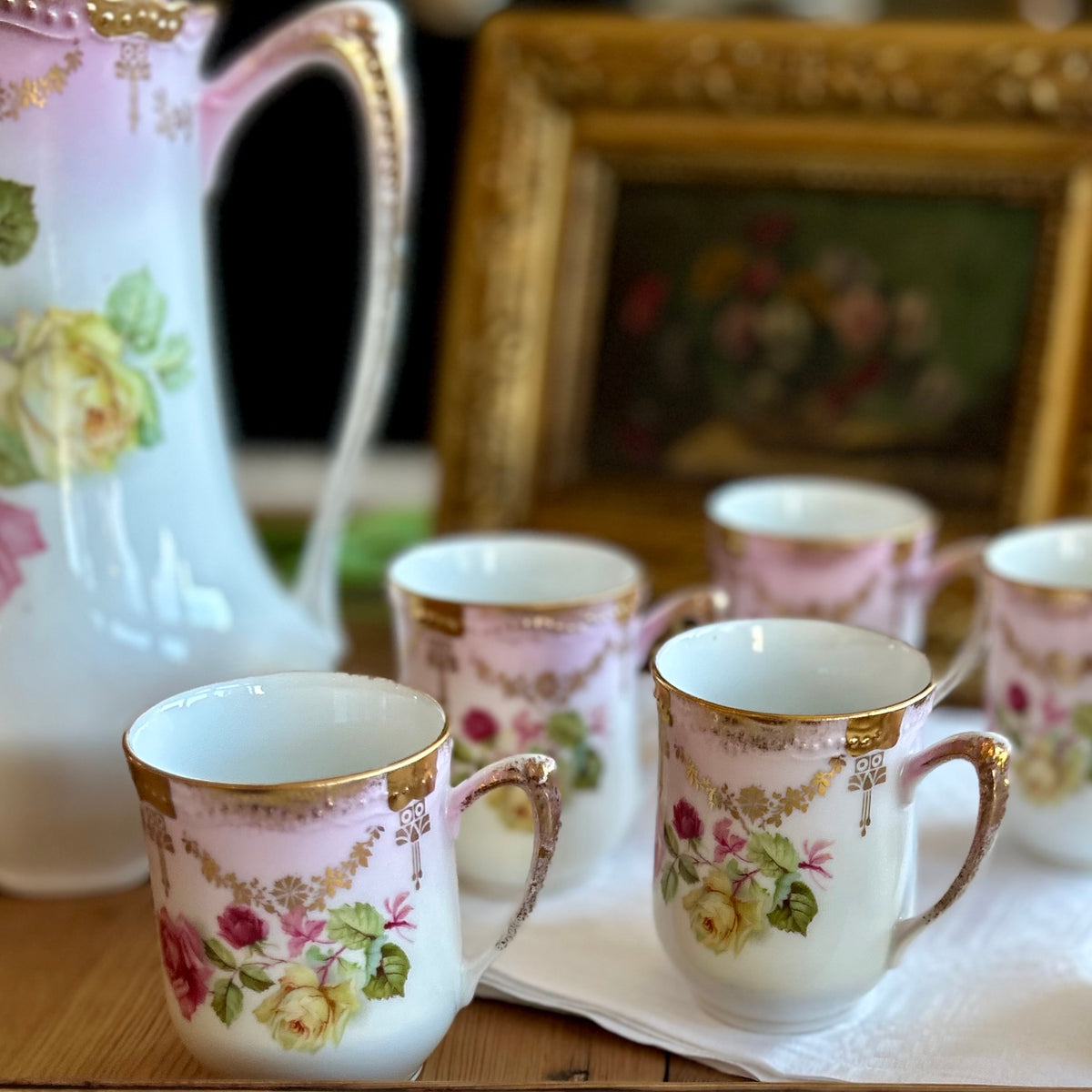 Antique P.K. Silesia Prussian Porcelain Chocolate Service with Hand-Painted Roses Circa 1890-1910