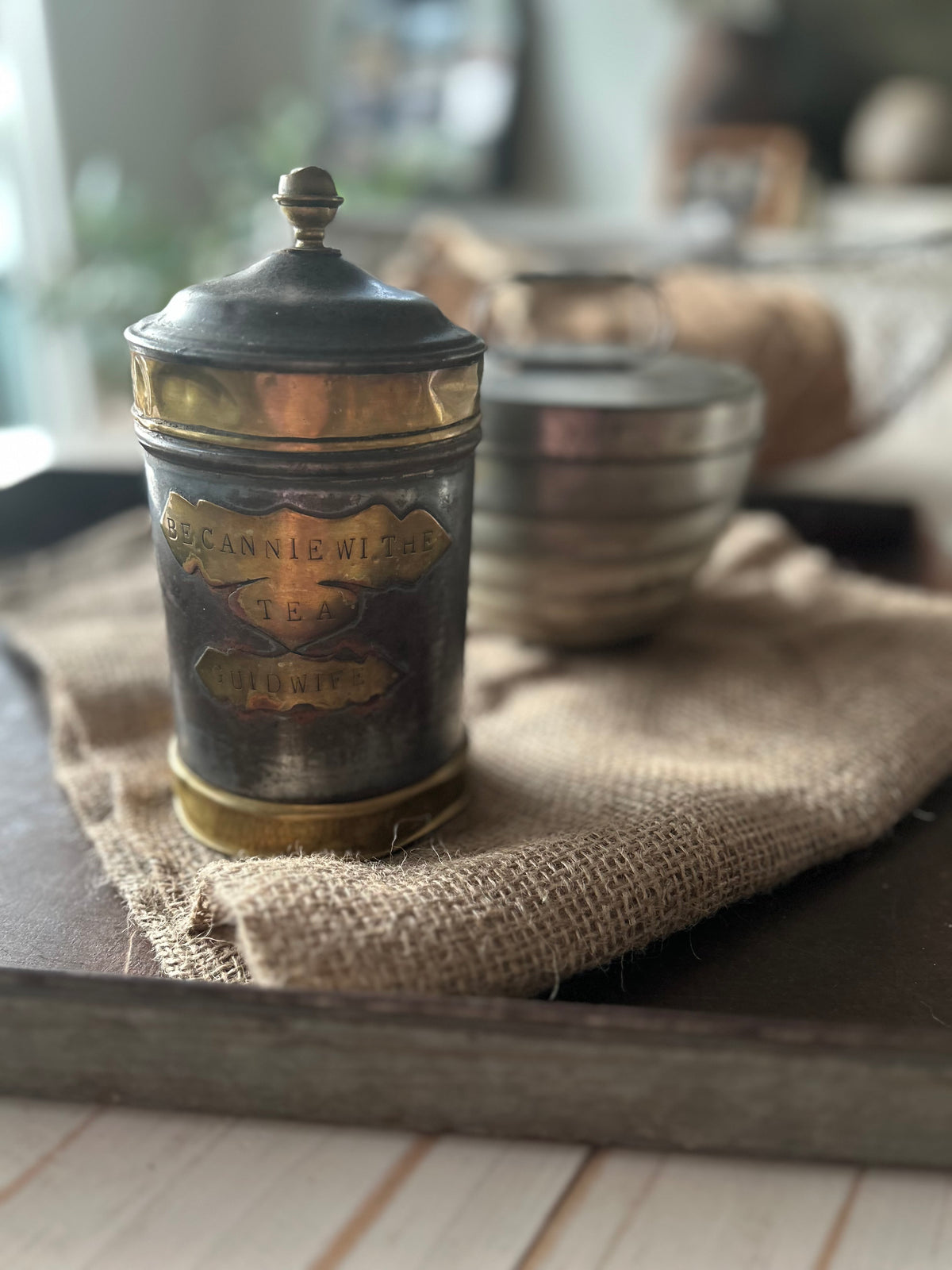 Be Cannie wi’ the Tea, Guidwife” Victorian Tin & Brass Caddy