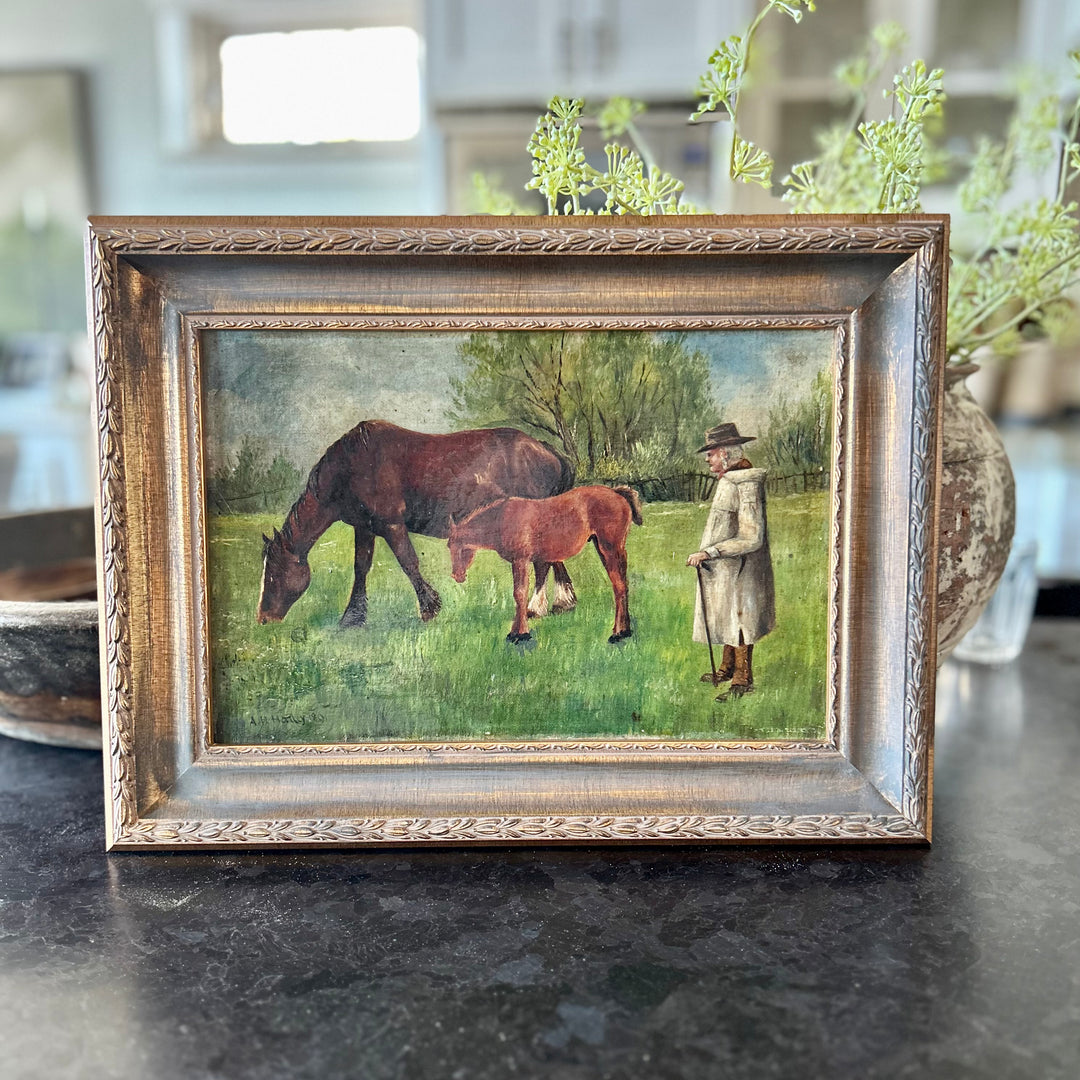 Antique Pastoral Horse Painting in Vintage-Style Frame