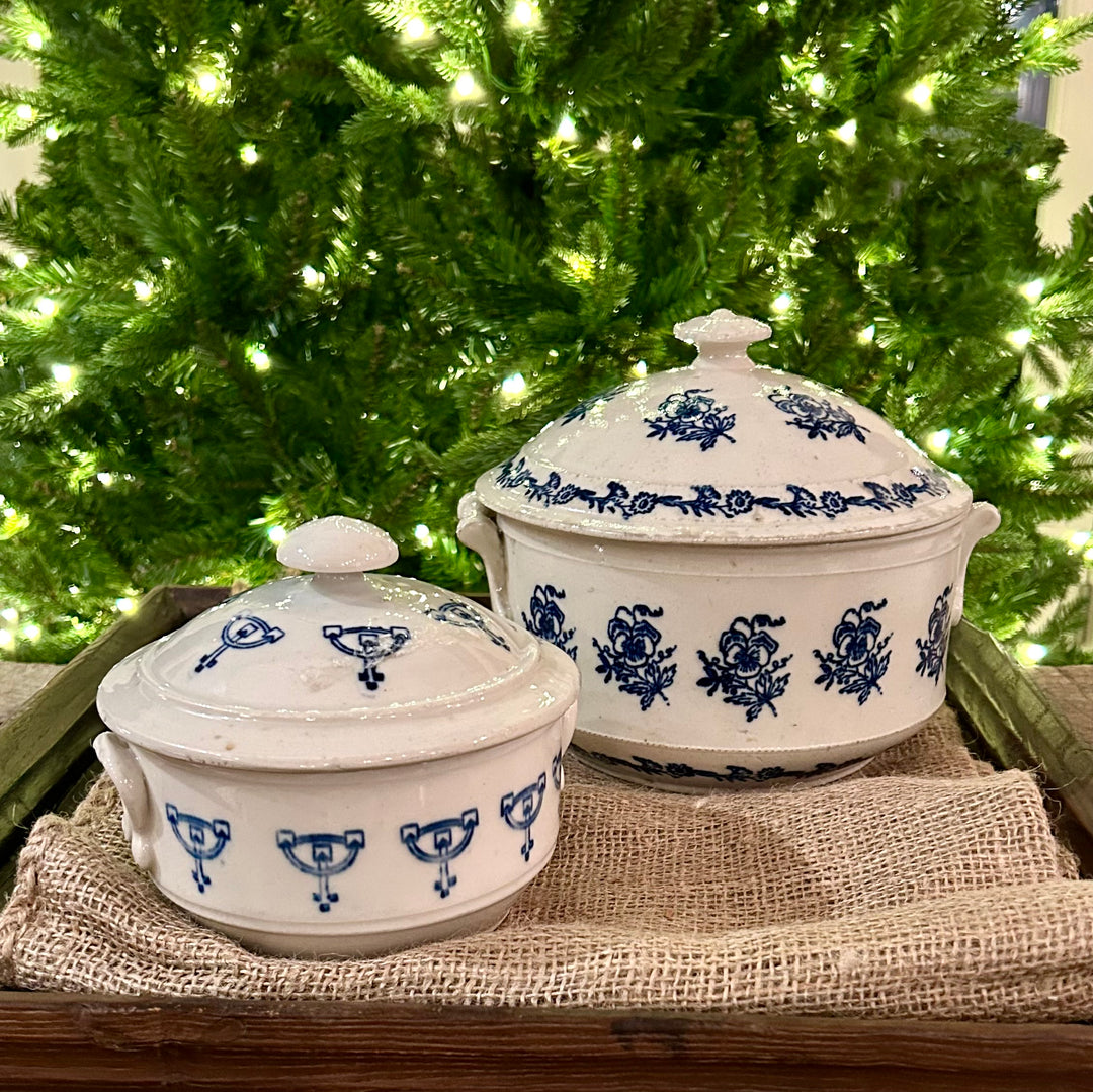 Antique French Faïence Covered Pot with Blue Urn Motif