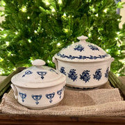 Antique French Faïence Covered Pot with Blue Urn Motif