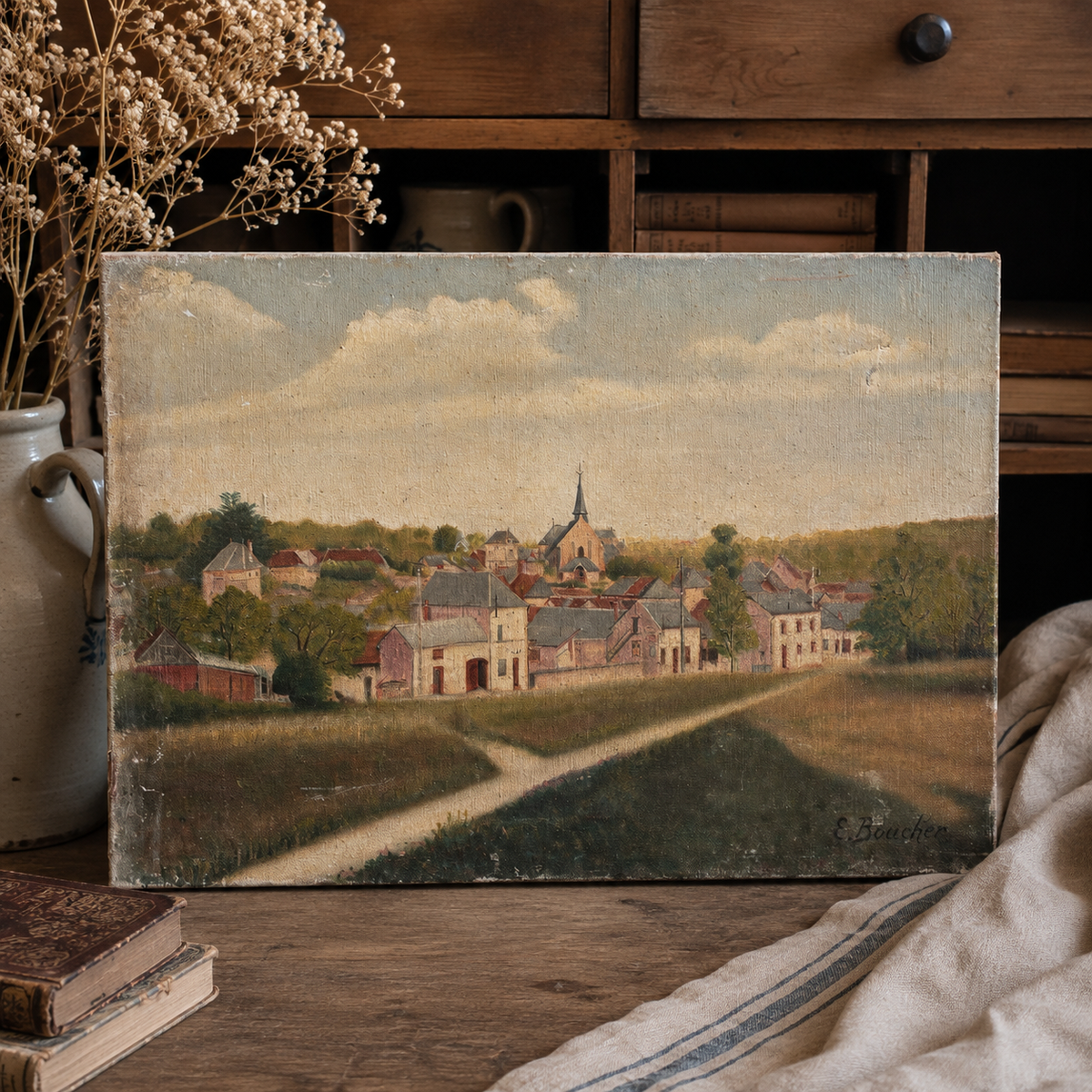 Antique French Village Landscape Oil Painting, Signed E. Boucher