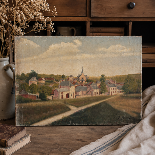 Antique French Village Landscape Oil Painting, Signed E. Boucher