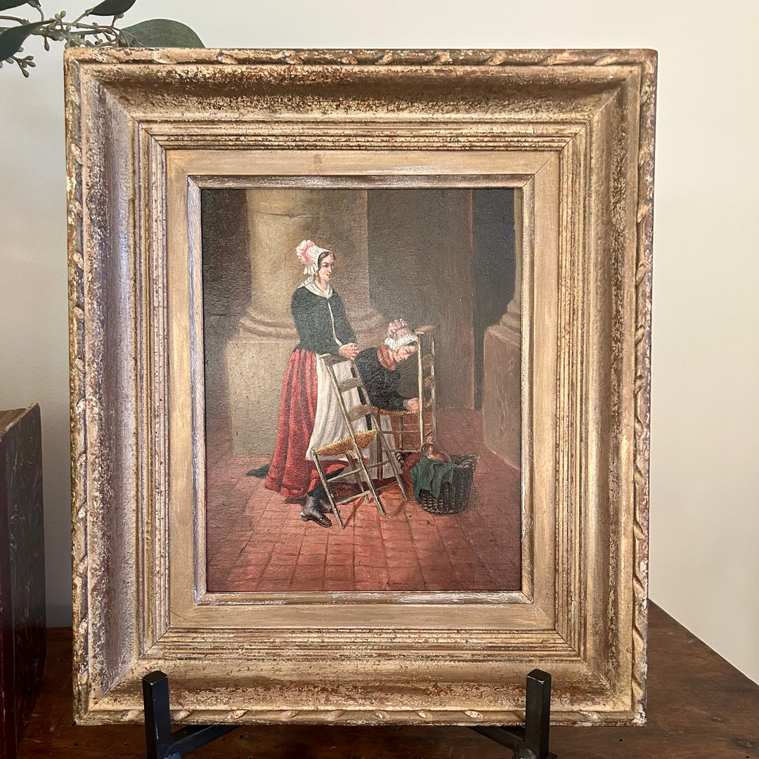 Thoughtful prayers- primitive oil painting in antique frame