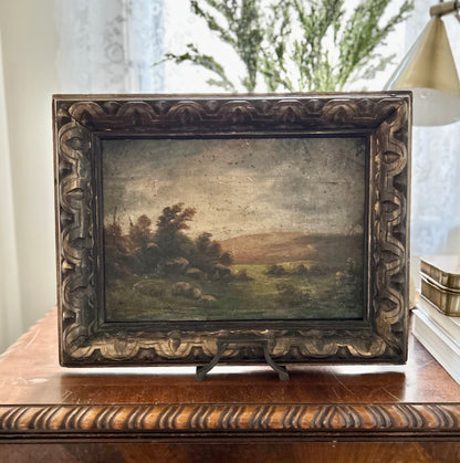 Antique Pastoral Landscape Oil Painting in Hand-Carved Wooden Frame