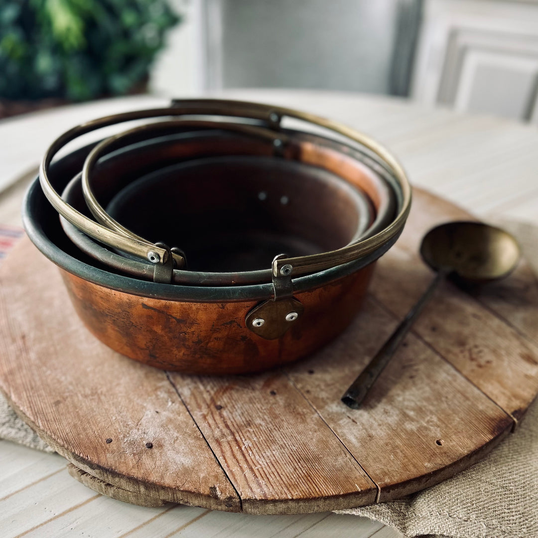 Antique Copper Preserving Pans with Brass Handles — Set of Three