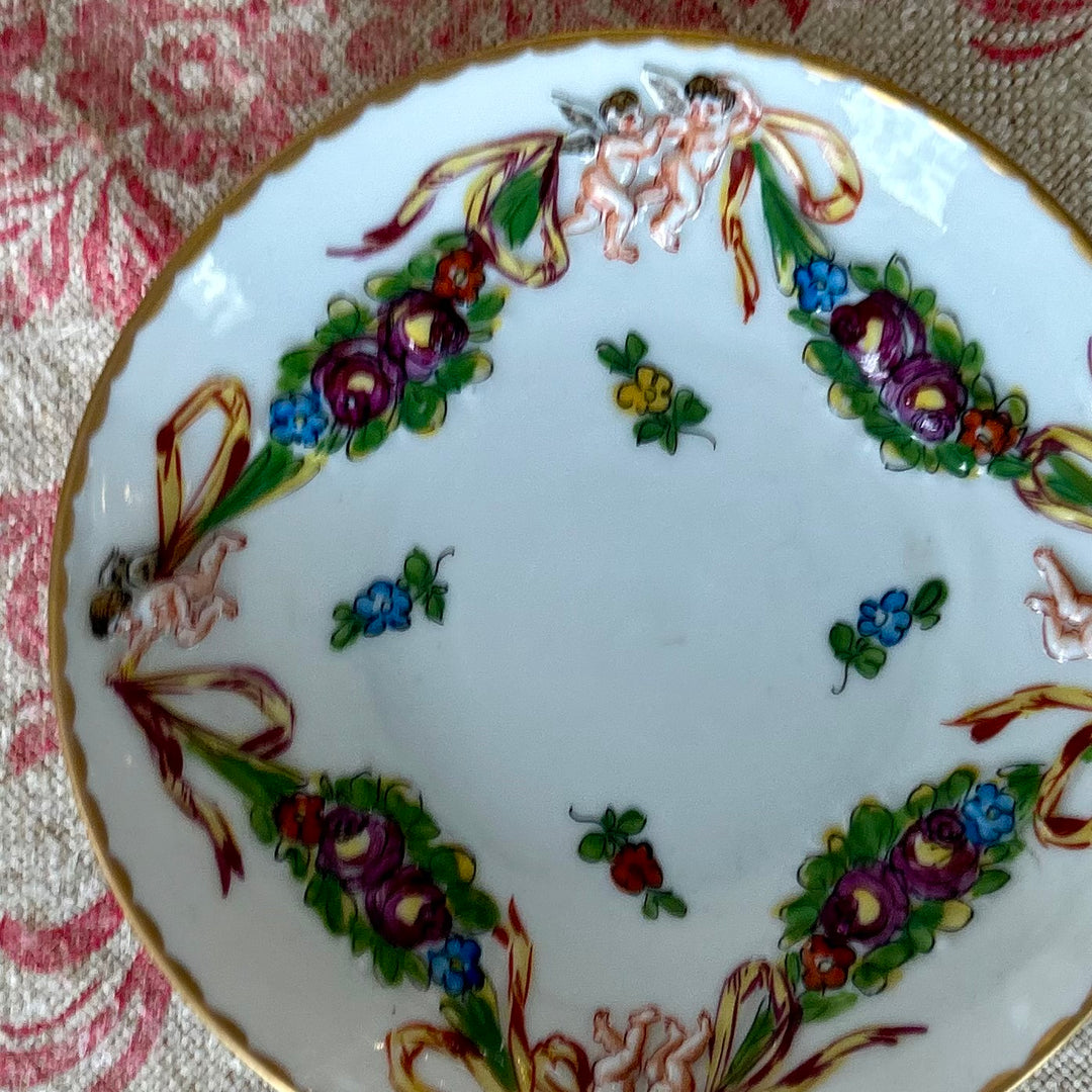 Petite French Porcelain Dish with Raised Cherubs and Floral Garland