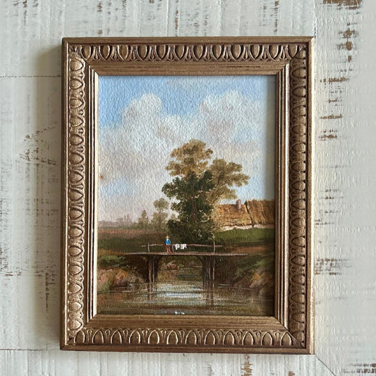 Little Bridge in the Countryside – Vintage Pastoral Painting in Ornate Gilt Frame