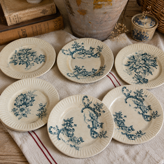 Set of 6 Antique French Blue Transferware Plates – 5 Patterns, c. 1880–1910