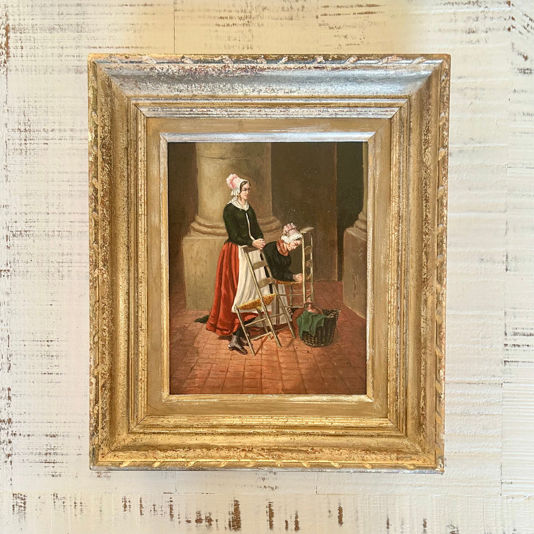 Thoughtful prayers- primitive oil painting in antique frame