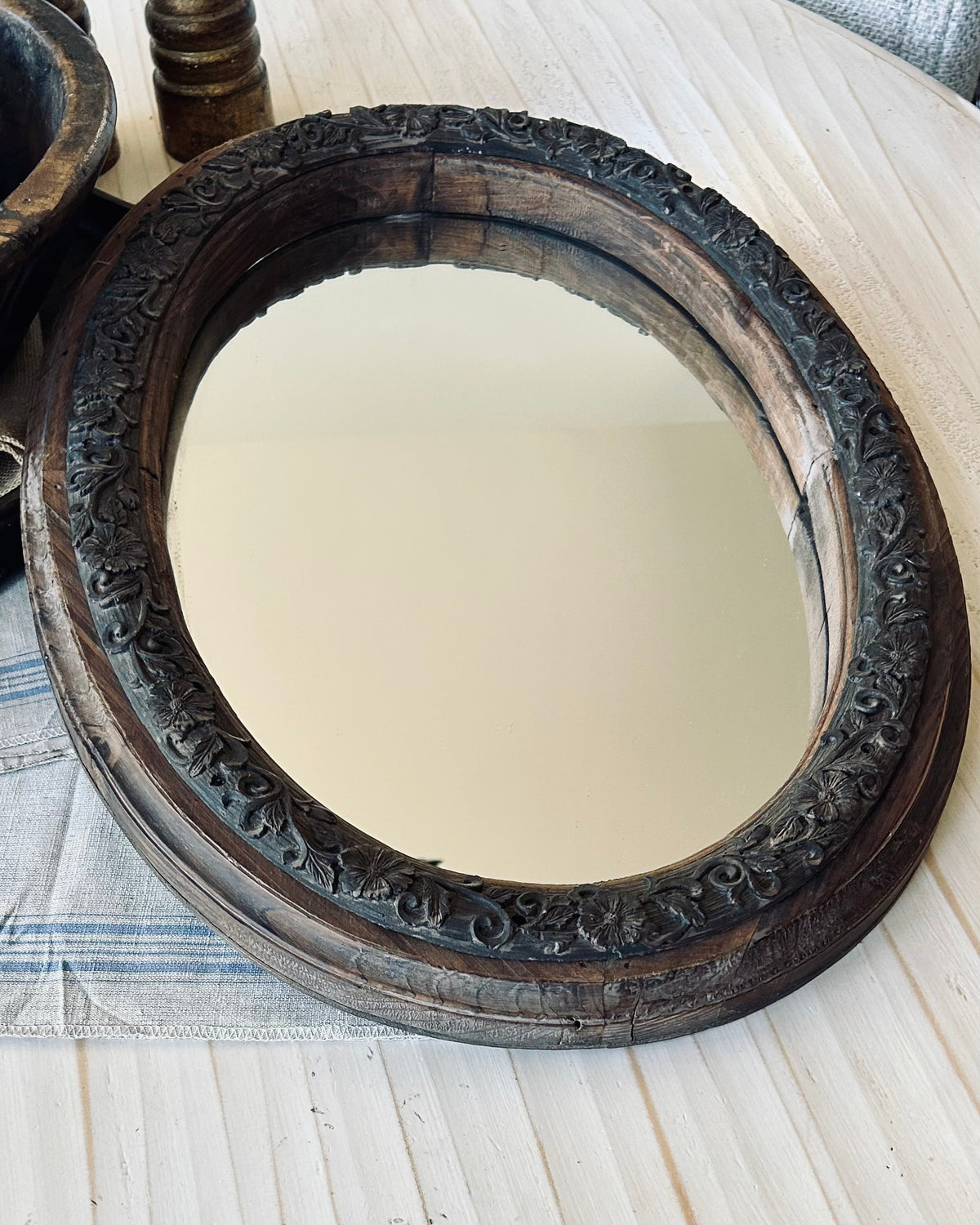 Antique mirror with hand carved wooden frame