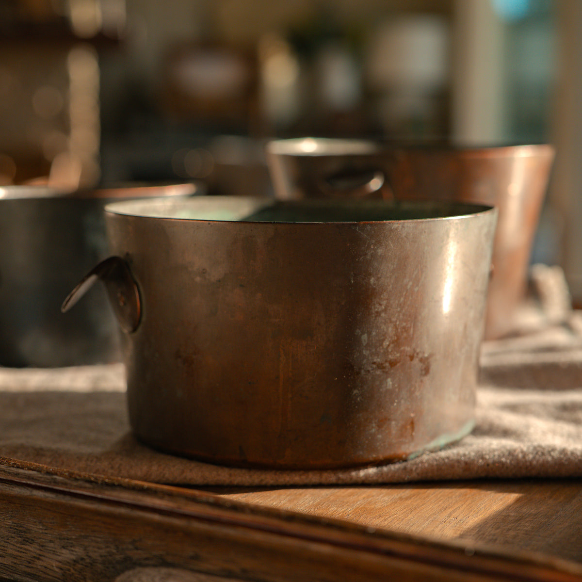 Antique tinned iron measuring pots - set of three
