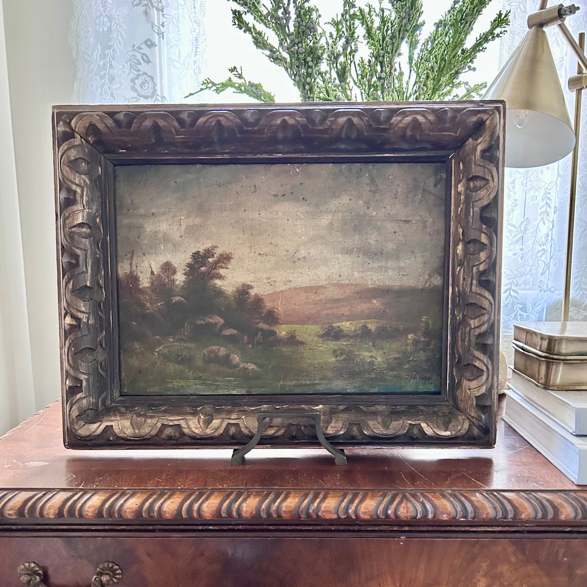 Antique Pastoral Landscape Oil Painting in Hand-Carved Wooden Frame