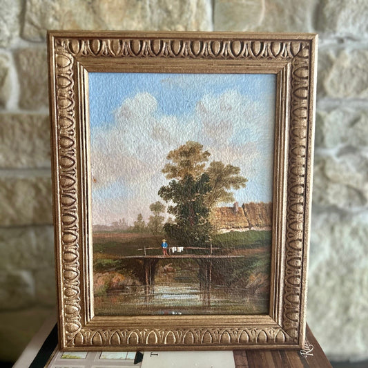 Little Bridge in the Countryside – Vintage Pastoral Painting in Ornate Gilt Frame