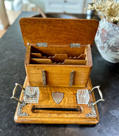 Antique oak writing slope & inkwell set