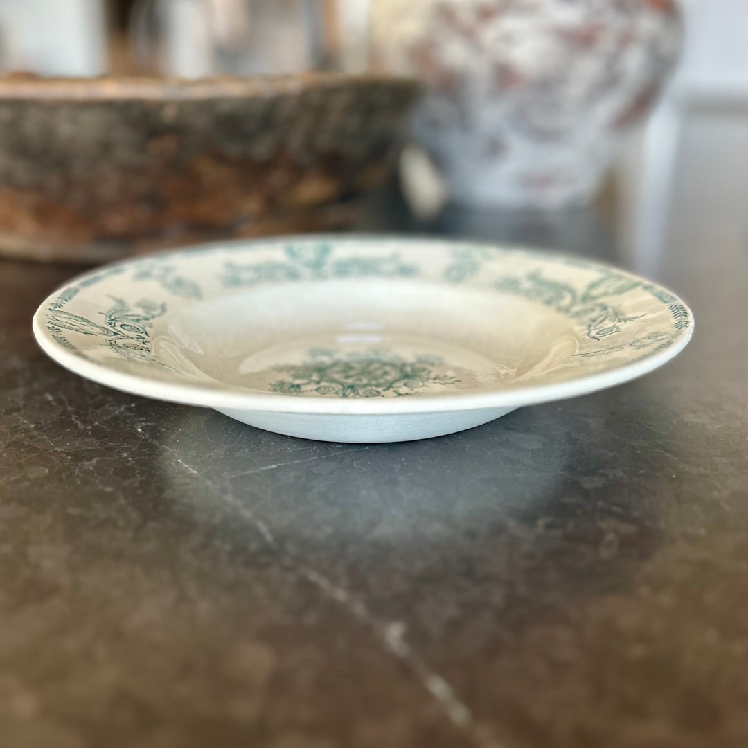 Antique French Faïence Soup Plate | KG Lunéville | Green Transferware Border