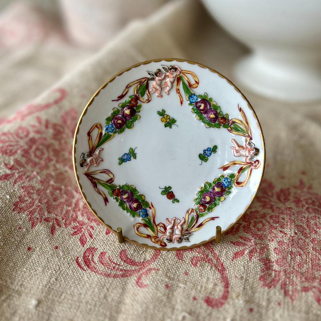 Petite French Porcelain Dish with Raised Cherubs and Floral Garland
