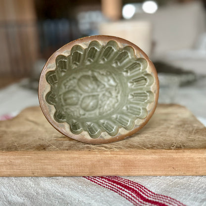 Antique Stoneware Pudding Mold / Jelly Mold with Olive Glaze