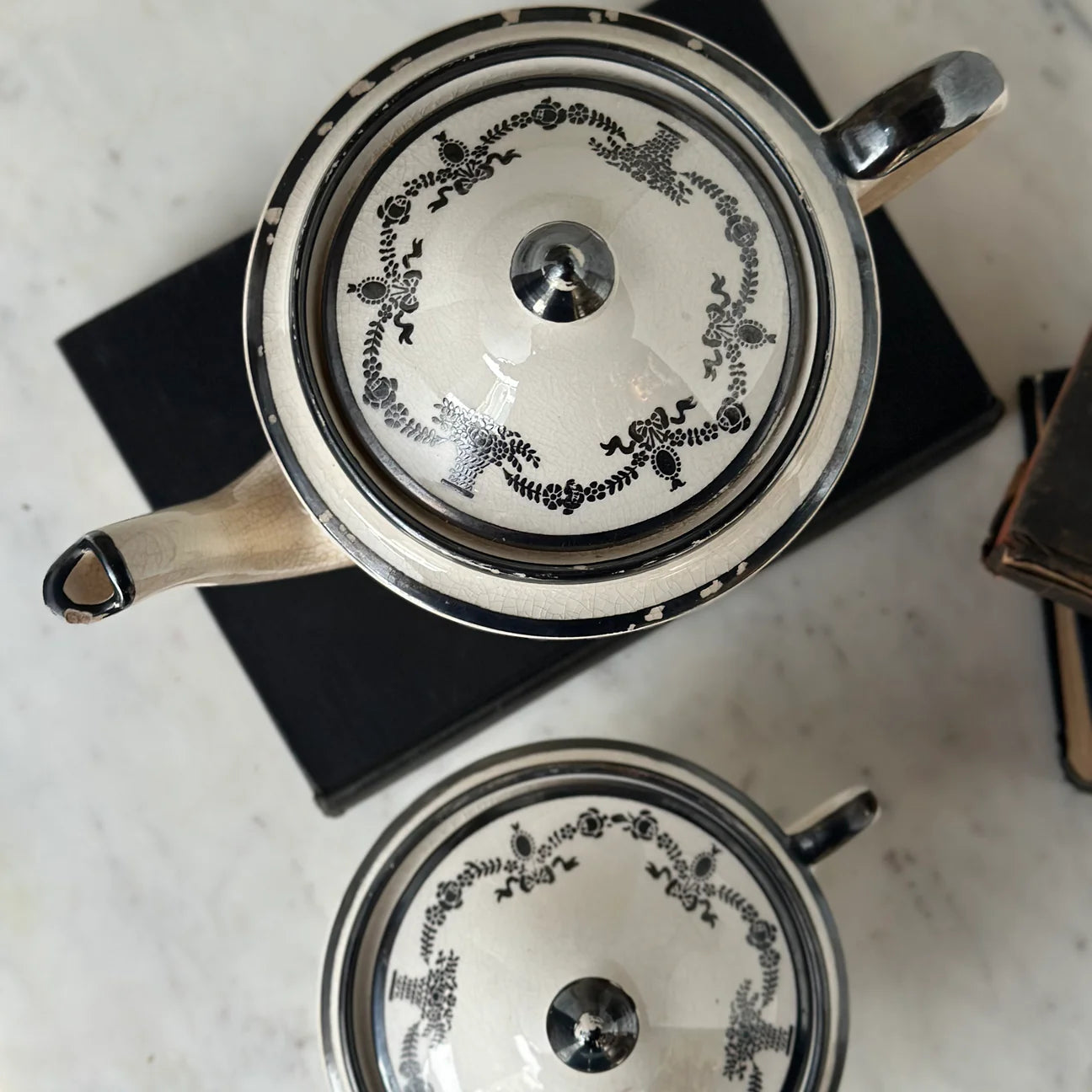 Antique English Black Transferware Three-Piece Tea Set Circa 1825–1845
